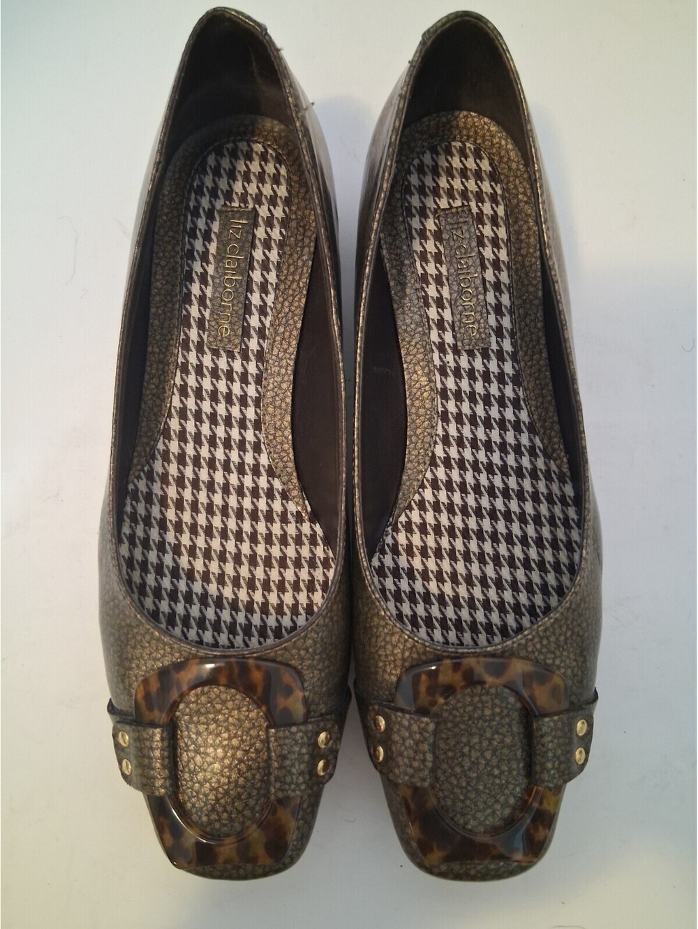 Liz Claiborne Women's Faux Leather Bronze Leopard Detail Flat Dress Shoes, 8M